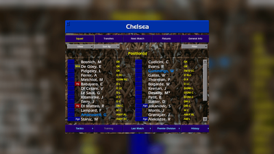 Chelsea’s squad selection screen in Championship Manager 01/02.