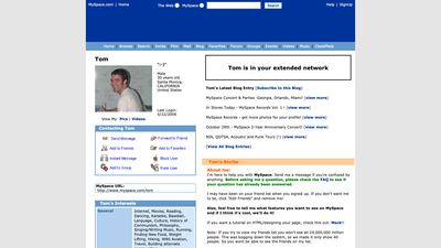 Tom’s MySpace profile, with its blue navigation bars, profile photo, interests, and blog entries.