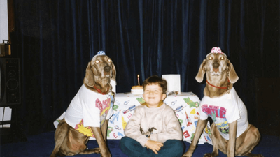 Jack sitting between two Weimaraner dogs wearing T-shirts and birthday hats, with a cake behind him.