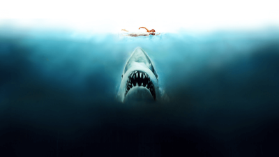 Jaws artwork showing a shark rising towards a swimmer, its jaws open beneath the water.